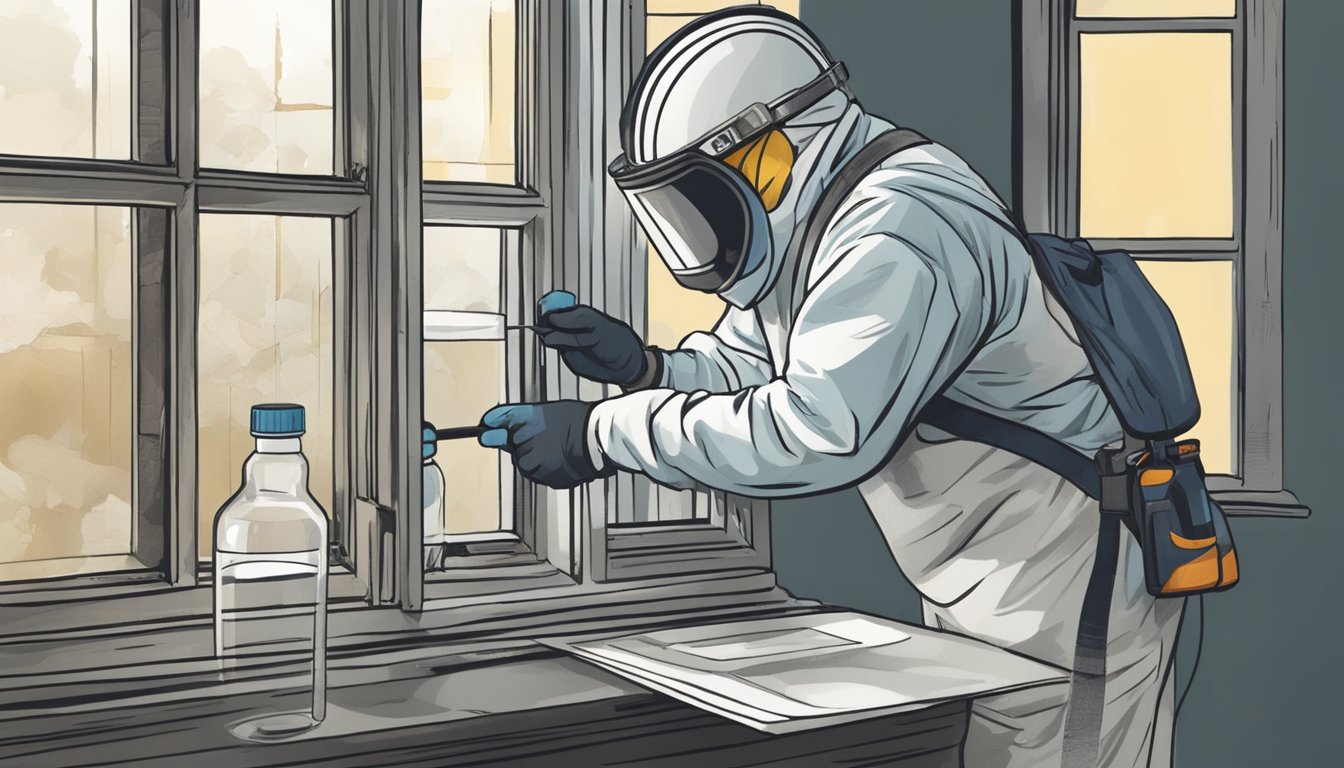 A worker in protective gear uses a test kit to check for lead paint on an old window frame. Dust and debris are carefully contained and removed