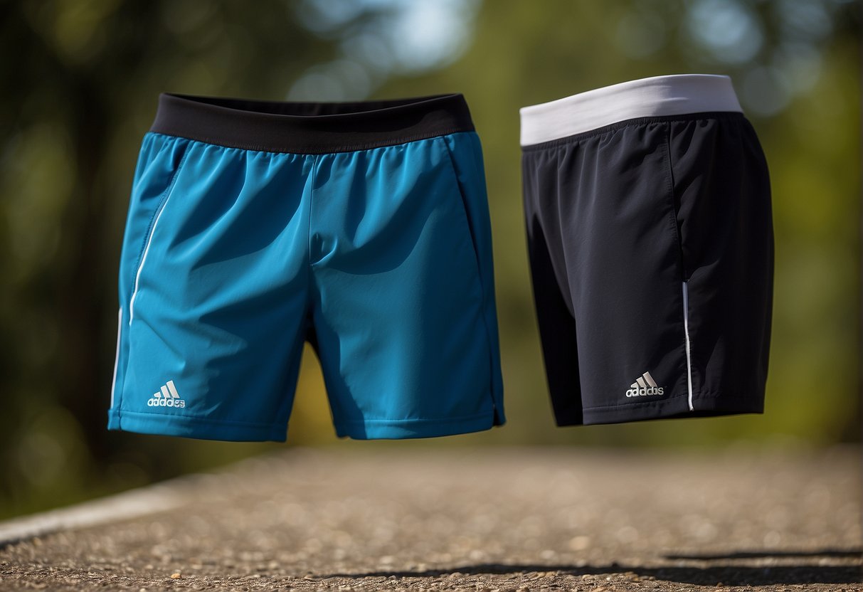Two pairs of running shorts, one 5 inches and the other 7 inches, laid out side by side on a flat surface