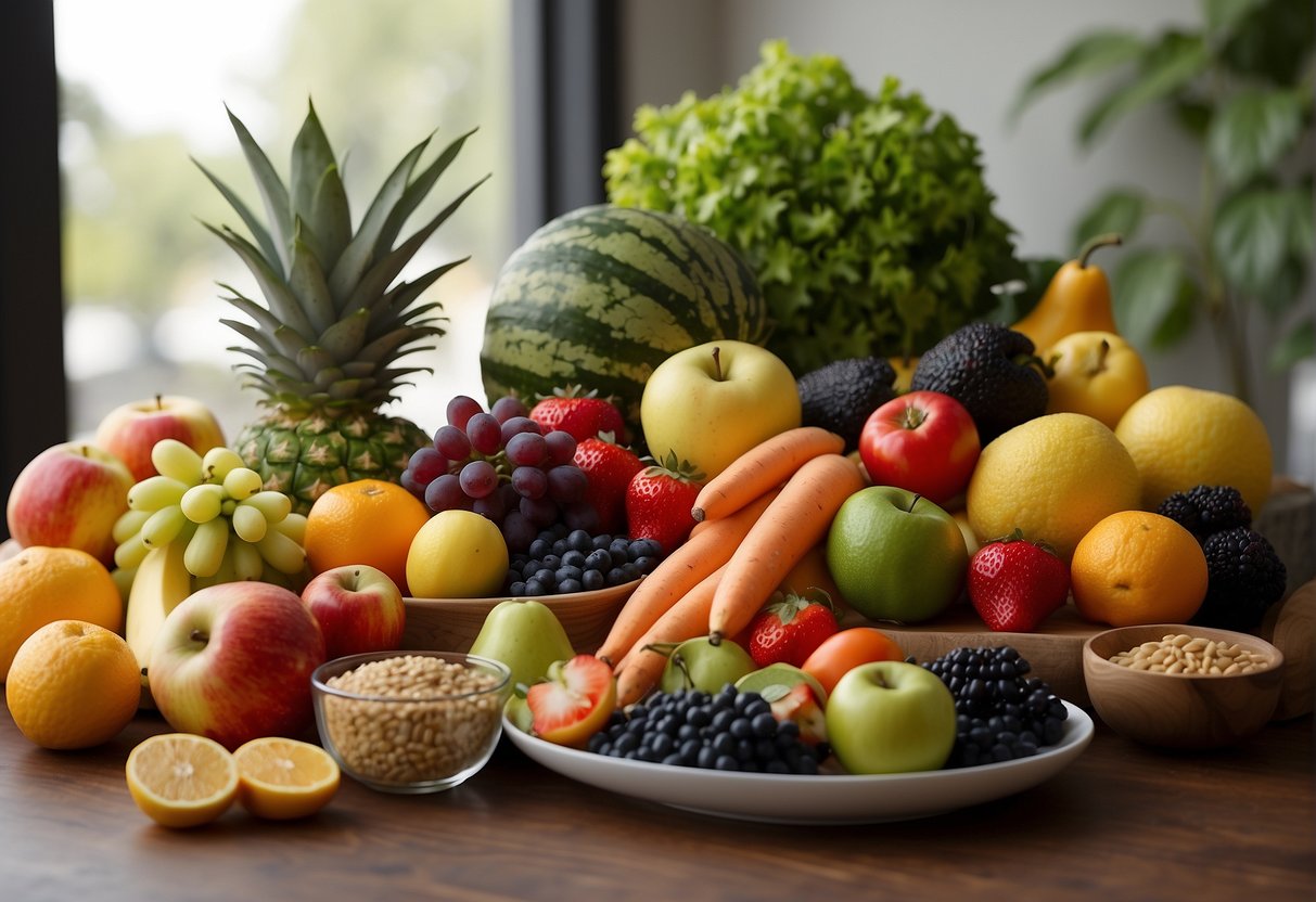 A colorful array of fresh fruits, vegetables, lean proteins, and whole grains arranged on a clean, modern table setting