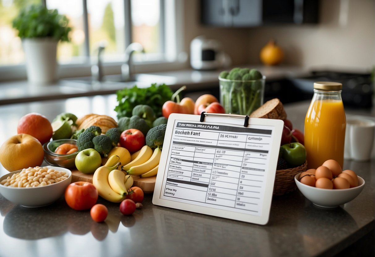 The MetaBoost 3-day meal plan: Show a variety of fresh, healthy foods arranged on a clean, organized kitchen counter, with a list of potential risks and corresponding mitigation strategies displayed nearby