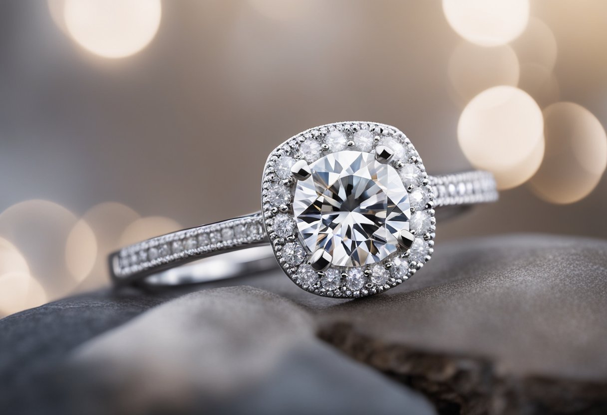 A sparkling diamond solitaire ring sits atop a dainty band, surrounded by a halo of smaller diamonds. The setting is a sleek and modern white gold, with a delicate and feminine design