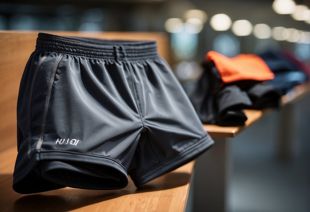 A display of 5 inch and 7 inch running shorts on a clean, well-lit surface, with clear labels indicating the length and body type suitability