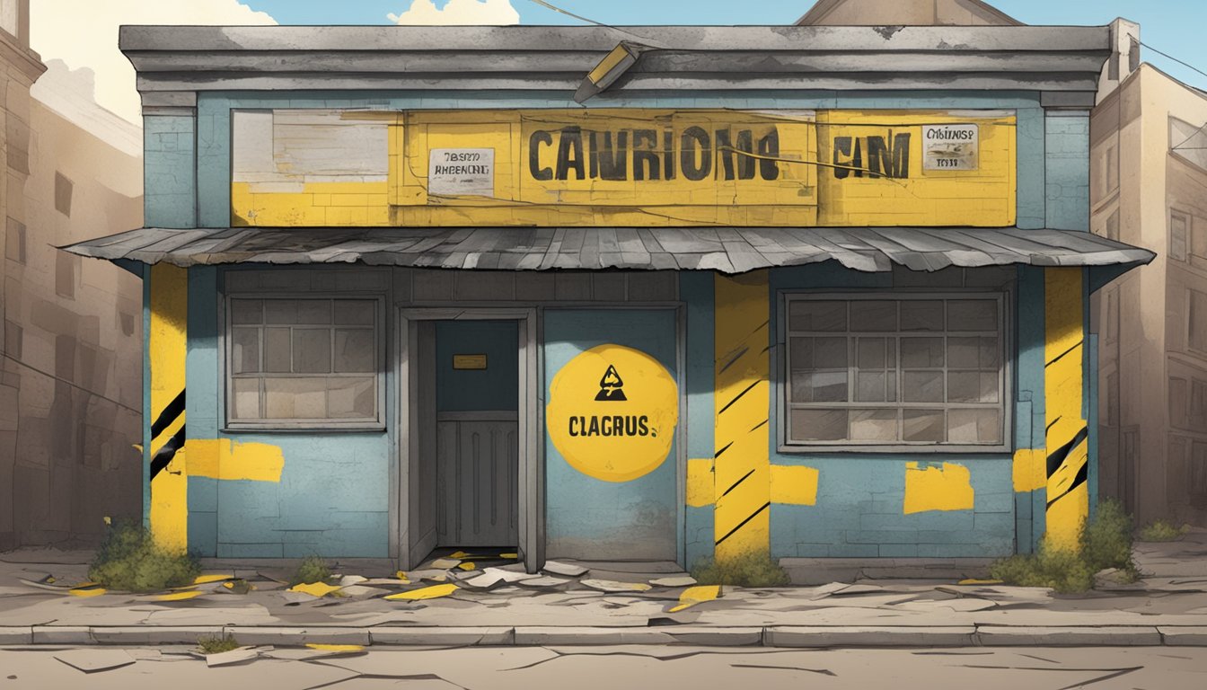 An old, weathered building with chipped paint and cracked walls, surrounded by warning signs and caution tape
