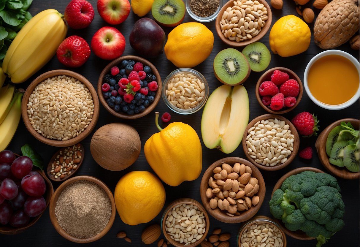 A colorful array of superfoods arranged on a table, including vibrant fruits, leafy greens, nuts, and seeds. A variety of whole grains, lean proteins, and healthy fats are also displayed, showcasing a balanced and nutritious meal plan