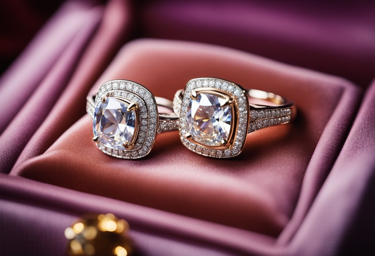 Three-stone engagement rings displayed on a velvet cushion with soft lighting, showcasing their intricate designs and sparkling gemstones