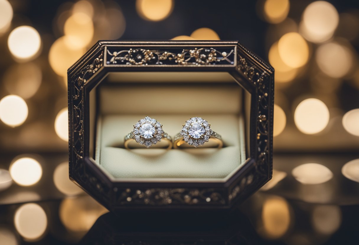 A display of vintage-inspired engagement rings in a glass case, surrounded by soft lighting to highlight their intricate details and sparkling gemstones