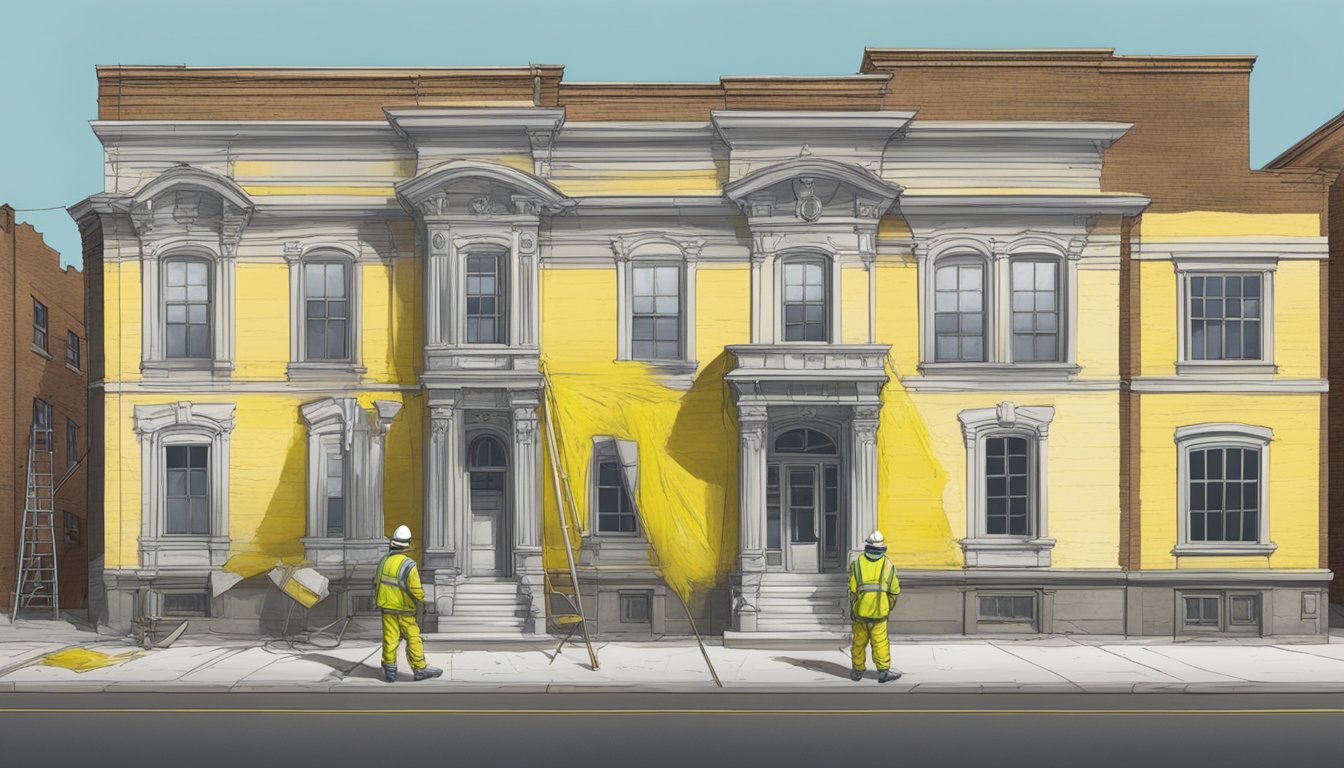 A historic building with peeling lead paint, caution tape, and workers in protective gear conducting lead paint management