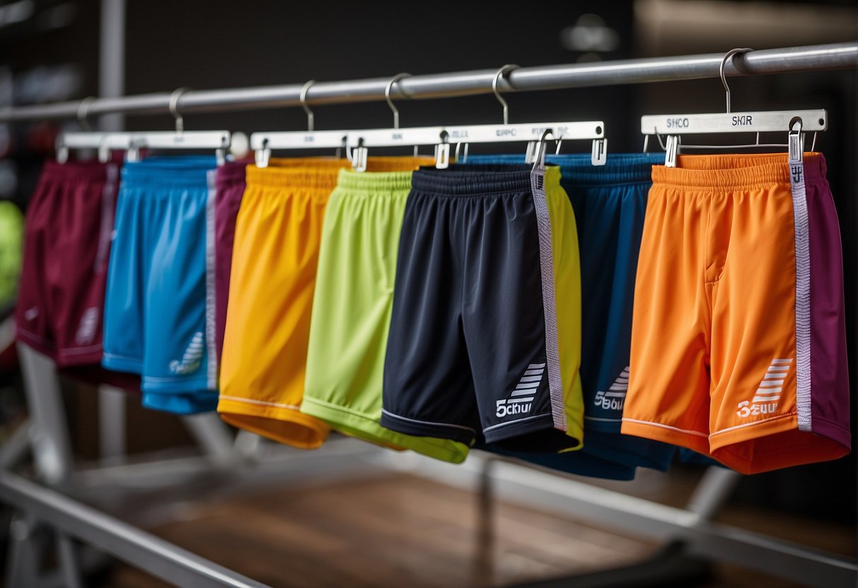 A display of 5-inch and 7-inch running shorts side by side, with various colors and patterns. A measuring tape and size chart are nearby for comparison