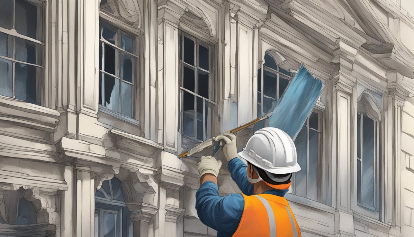 An old, grand building with chipping paint. A worker in protective gear carefully removes layers of lead paint, revealing the original beauty underneath