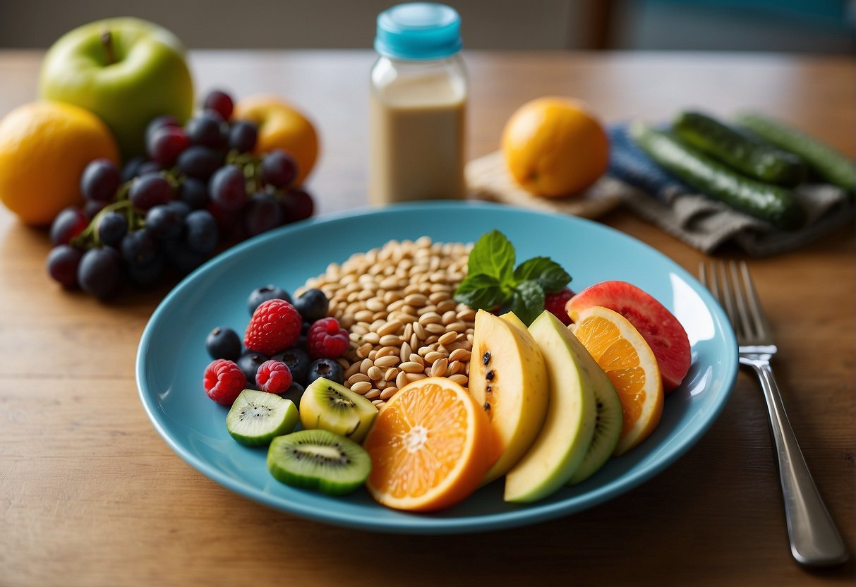 A colorful plate with a balanced meal, including fruits, vegetables, lean protein, and whole grains, placed next to a water bottle and exercise equipment