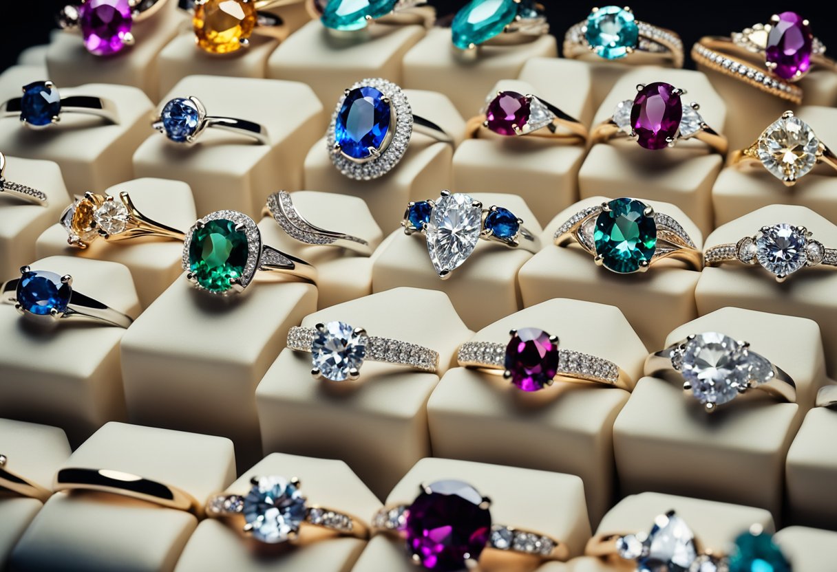 A display of 12 different colored gemstone engagement rings, showcasing popular styles for 2024