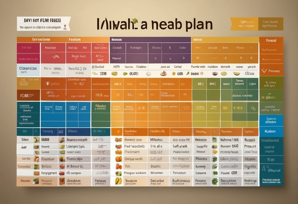 A colorful meal plan chart with labeled days and meals, showing a variety of healthy food options and portion sizes