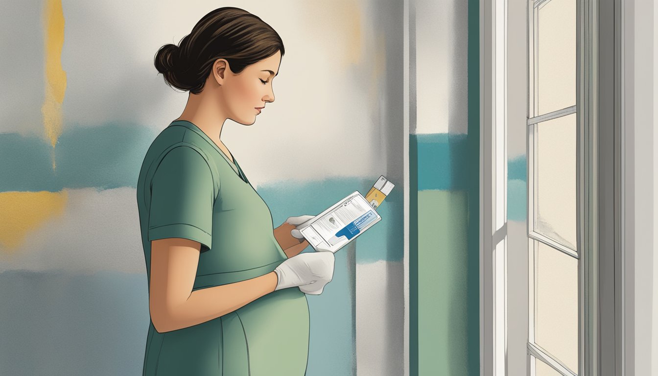 A pregnant woman stands in front of a peeling, lead-painted wall. She holds a paint chip testing kit in one hand and a brochure on lead paint safety in the other