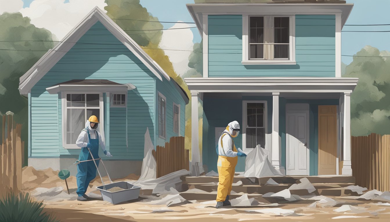 A pregnant woman stands outside a house with peeling paint. A worker in protective gear scrapes and sands the exterior, while another worker covers nearby soil with protective barriers