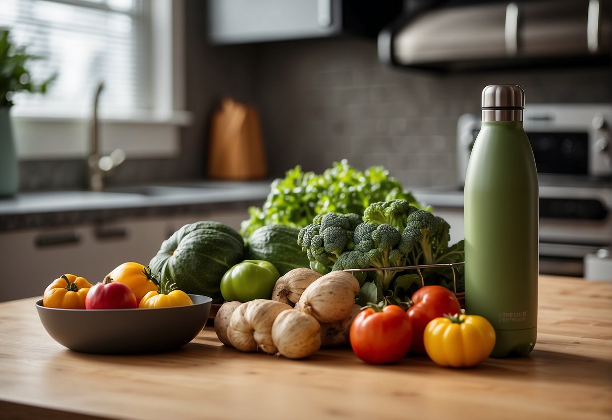 A kitchen counter with fresh produce, reusable containers, and a compost bin. A reusable water bottle and metal straws sit nearby