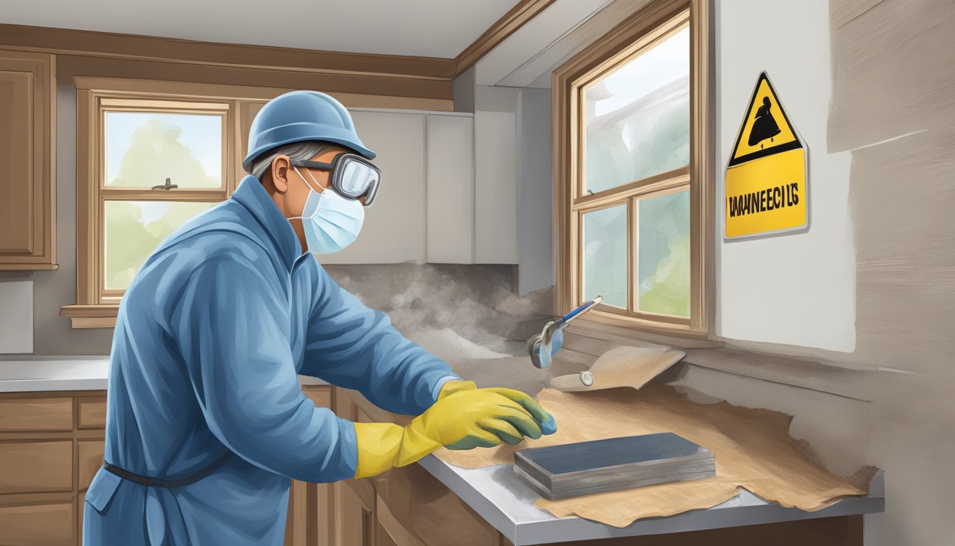 A homeowner carefully covers old lead paint with a thick layer of sealant, wearing protective gloves and a mask. Warning signs and safety equipment are visible nearby