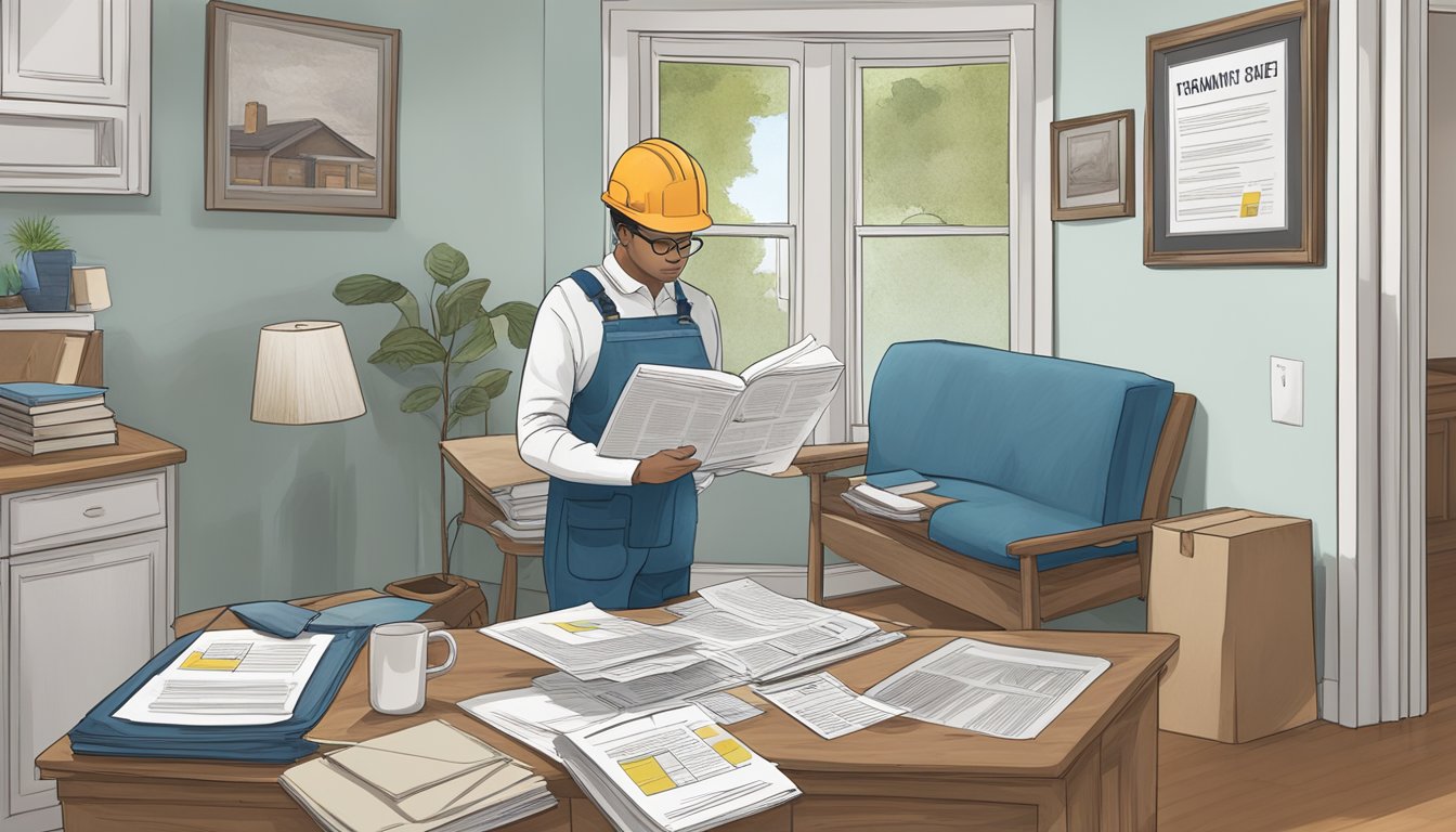 A homeowner reads a guidebook on lead paint safety, surrounded by legal documents and a checklist of tenant rights. A warning sign and protective gear are visible in the background