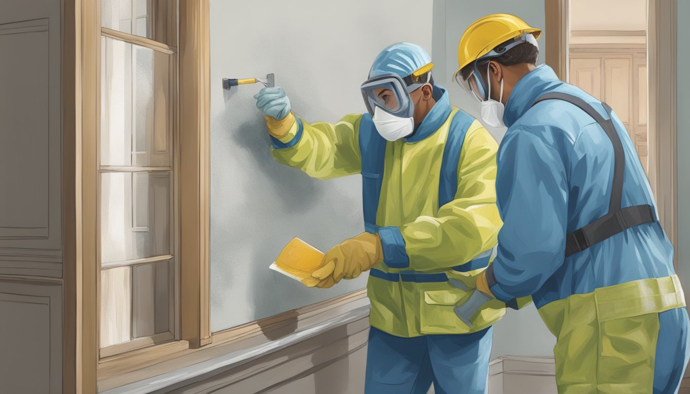 A person wearing protective gear carefully scrapes lead paint from a wall, while another person in professional attire oversees the process and consults a safety manual