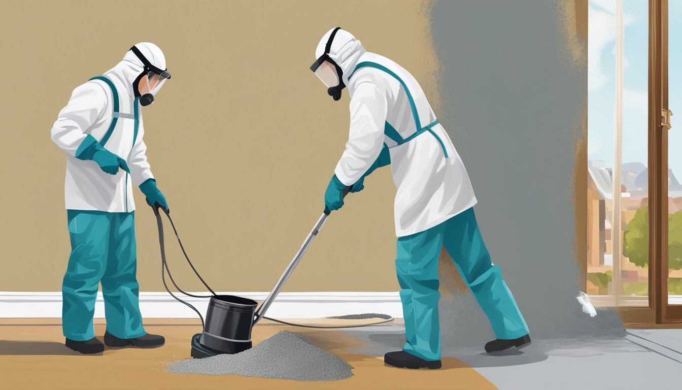 A person wearing protective gear carefully removing lead paint from a wall with a scraper and vacuum, while another person in professional attire oversees the process