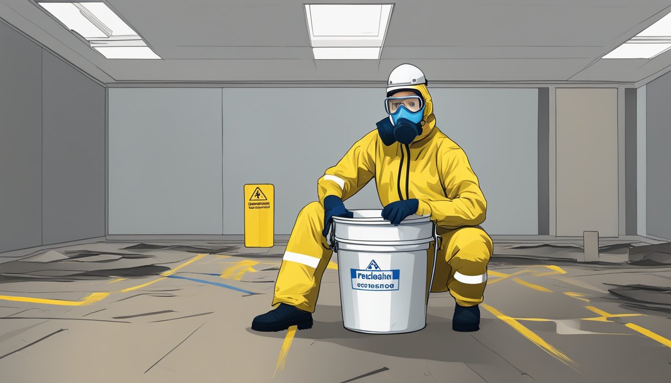 A figure in protective gear disposes of lead paint debris in a sealed container. The area is cordoned off and marked with warning signs