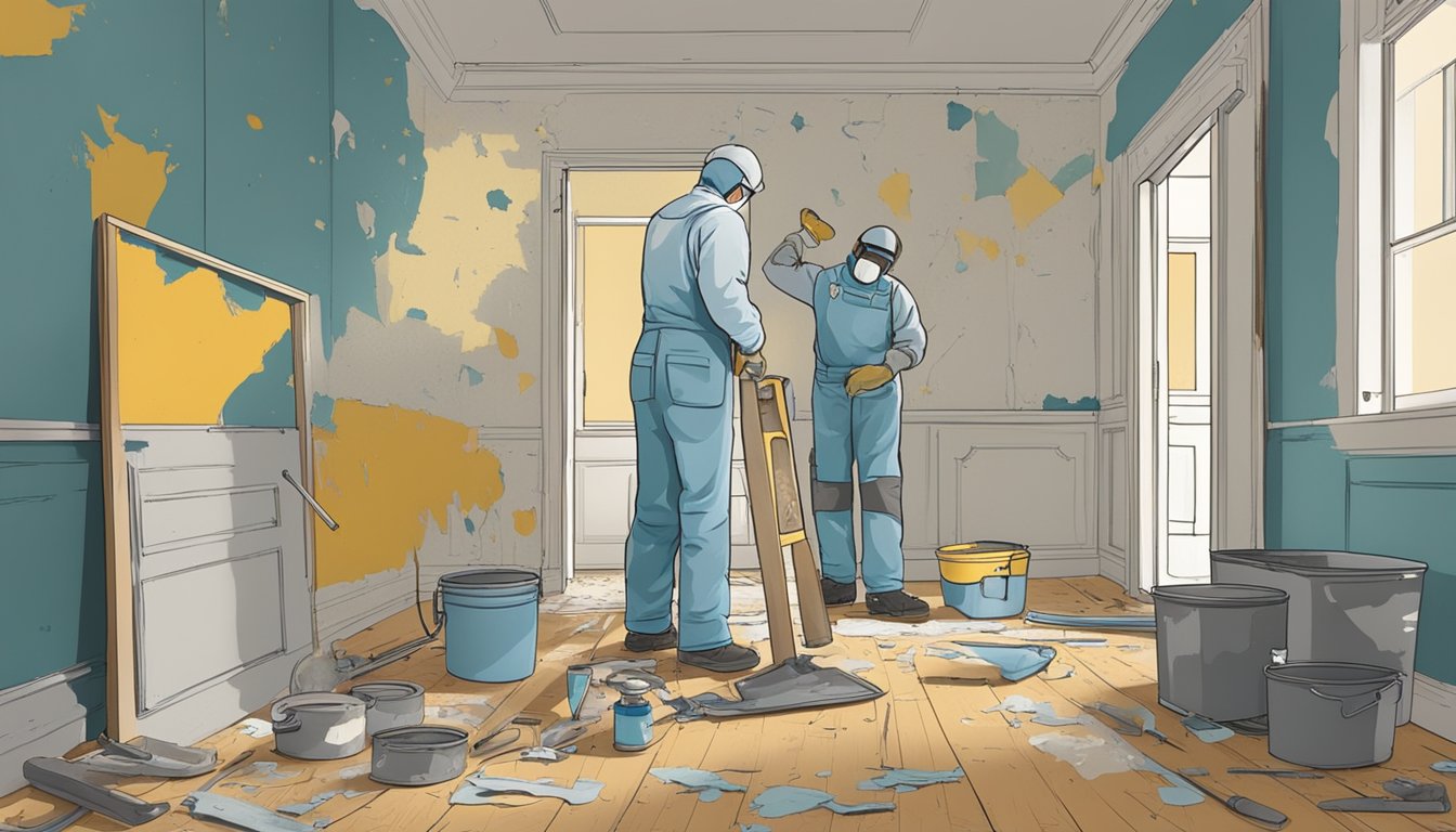 A room with peeling paint, tools scattered, and a masked figure carefully scraping and sanding surfaces. A sign warns of lead paint