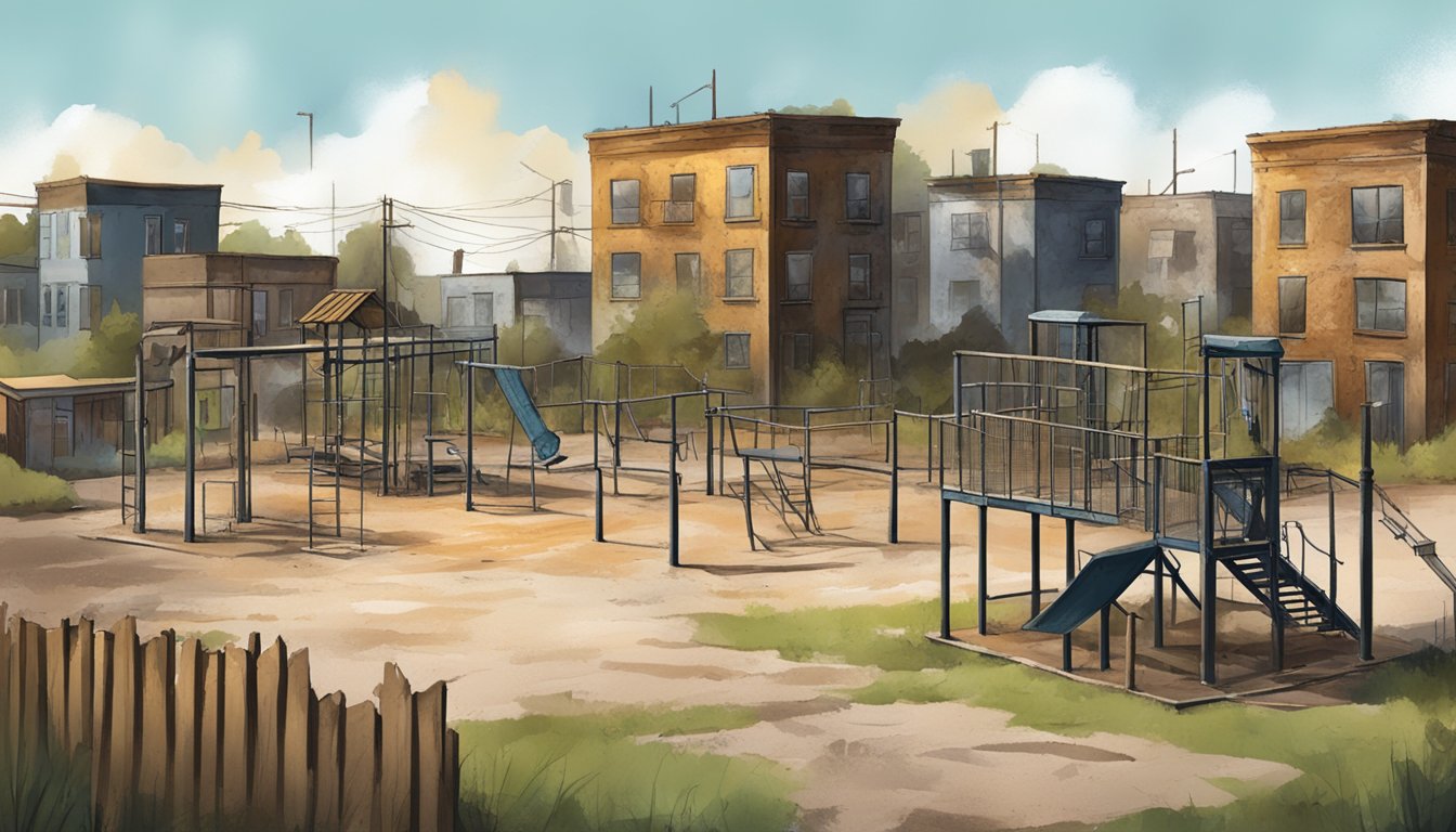 A dilapidated urban neighborhood with chipping paint on old buildings, rusted playground equipment, and warning signs about lead contamination
