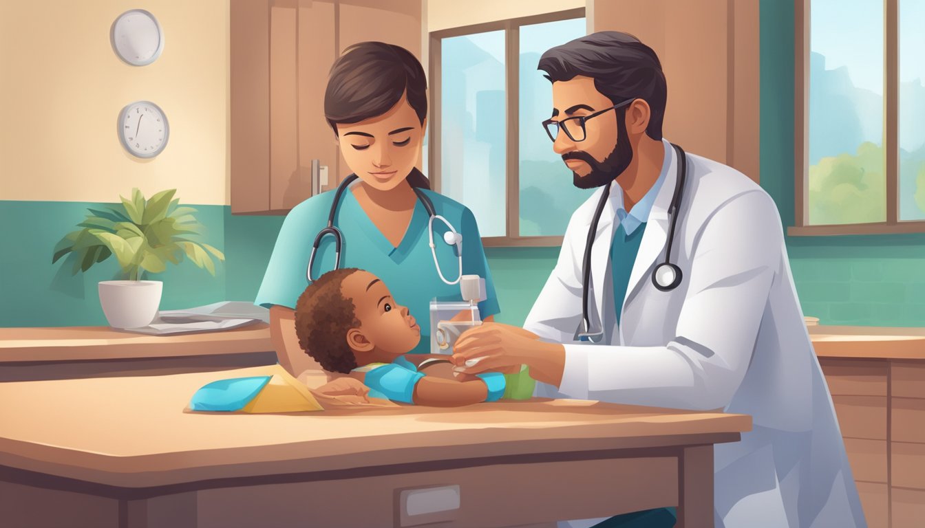 A doctor examines a child's blood for lead poisoning. Treatment options are discussed. Educational materials on long-term effects are visible in the background