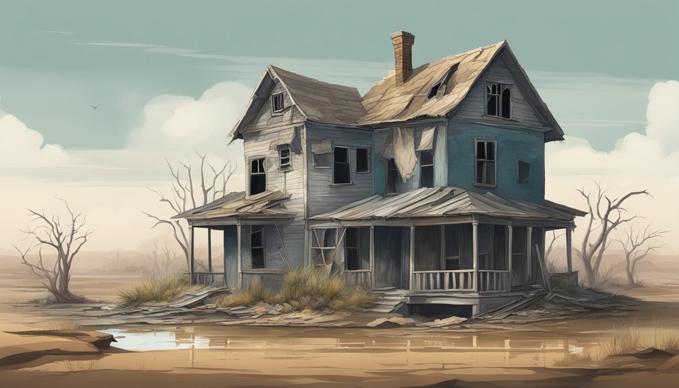 A dilapidated house with chipping lead paint, surrounded by barren land and polluted water, with dead wildlife and sickly vegetation