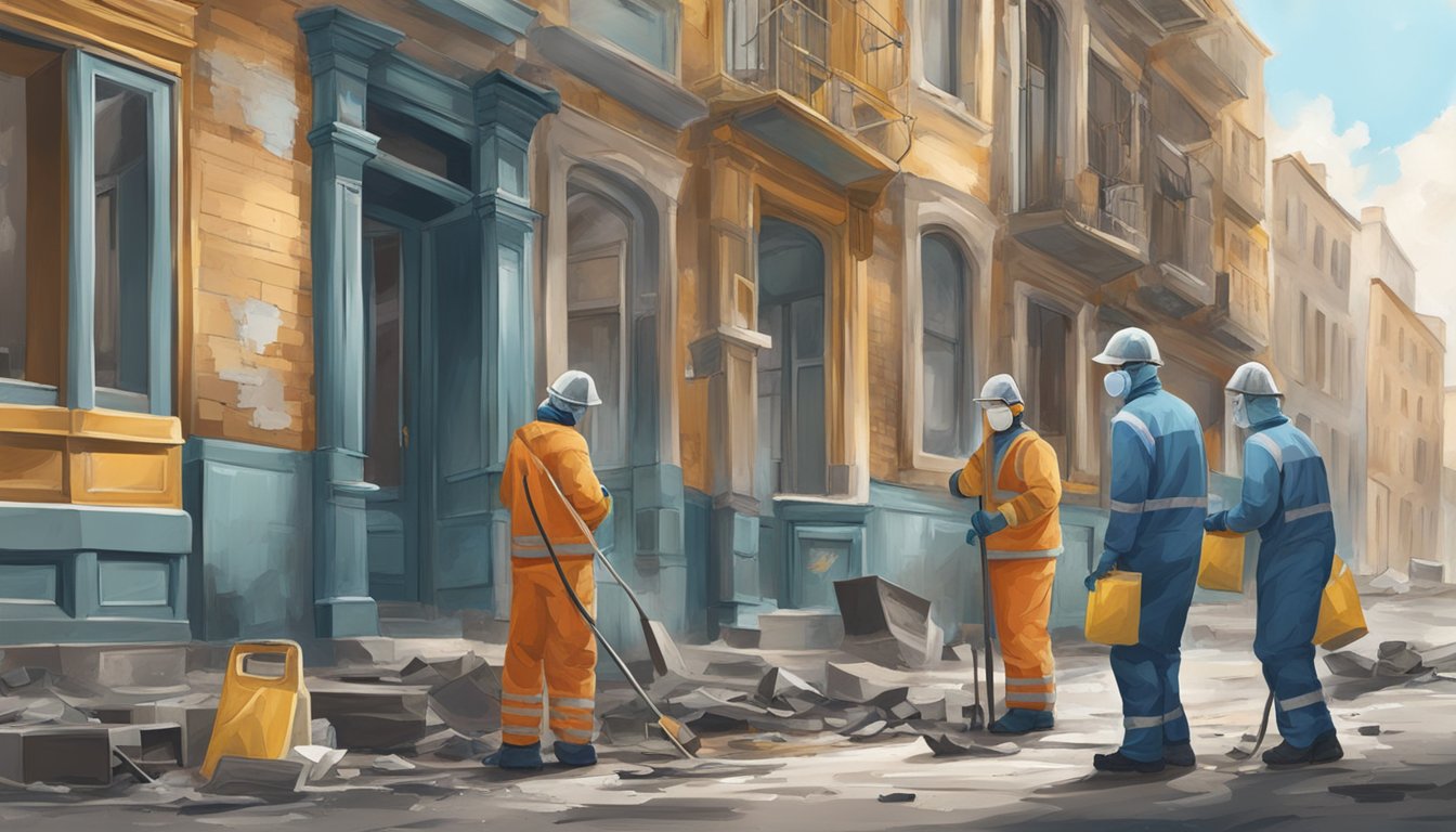 A city street with old buildings, peeling paint, and signs of environmental pollution. Workers in protective gear clean up the area