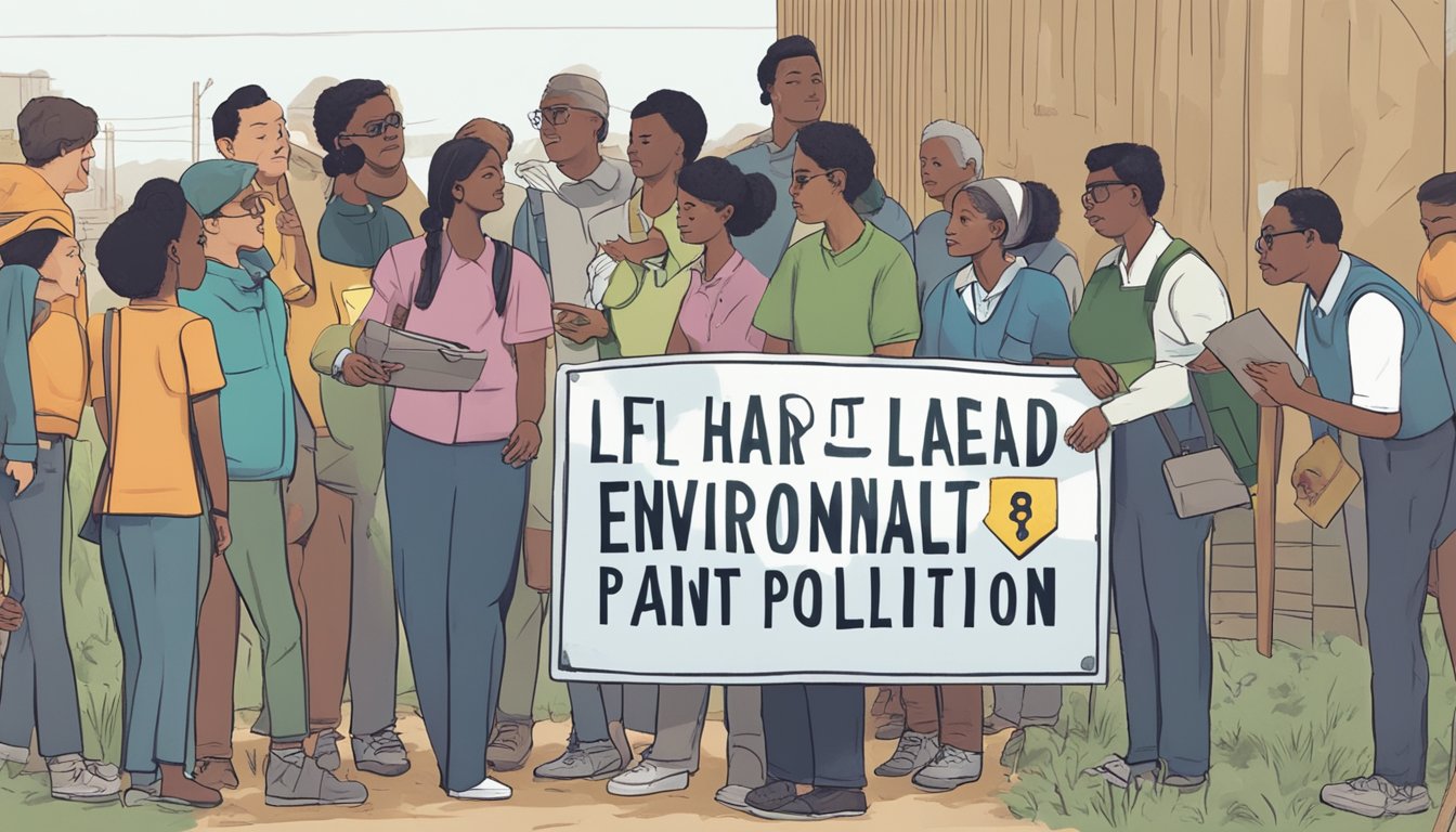 A group of people gather around a sign warning about lead paint and environmental pollution. They are engaged in a discussion about the broader impact of these issues