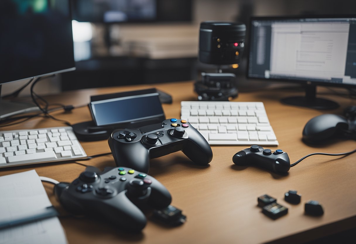 A simple game being created using Unity, with a computer screen displaying code, a game controller, and a desk cluttered with game design books and notes