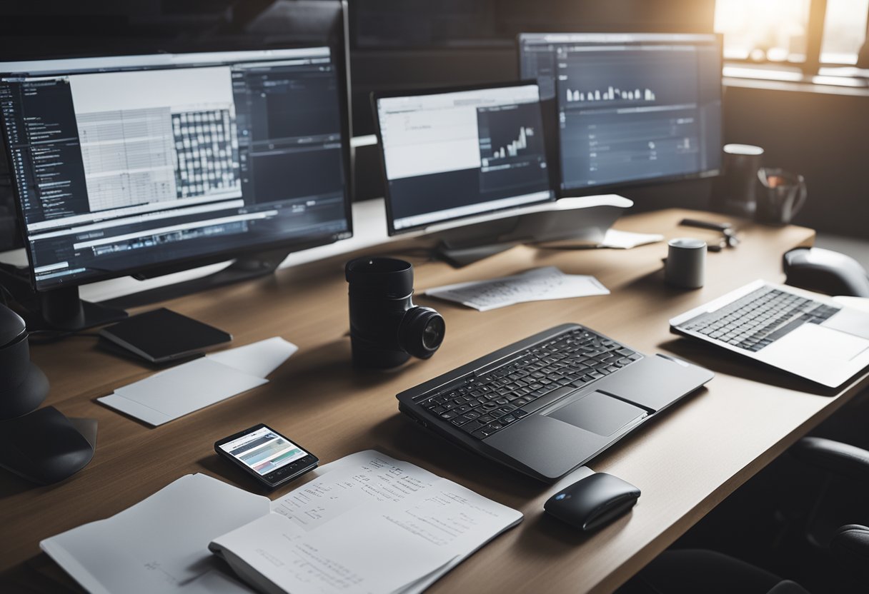 A desk with a computer running Unity software, game design sketches, and a notebook with project notes