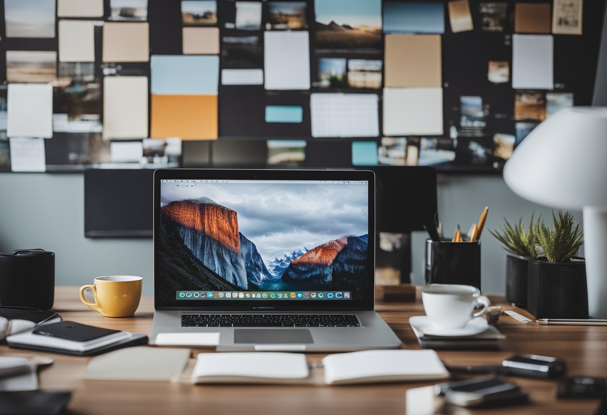 A desk with a laptop, sketchbook, and design tools. A mood board on the wall with color swatches and inspiration images. Clean, modern workspace