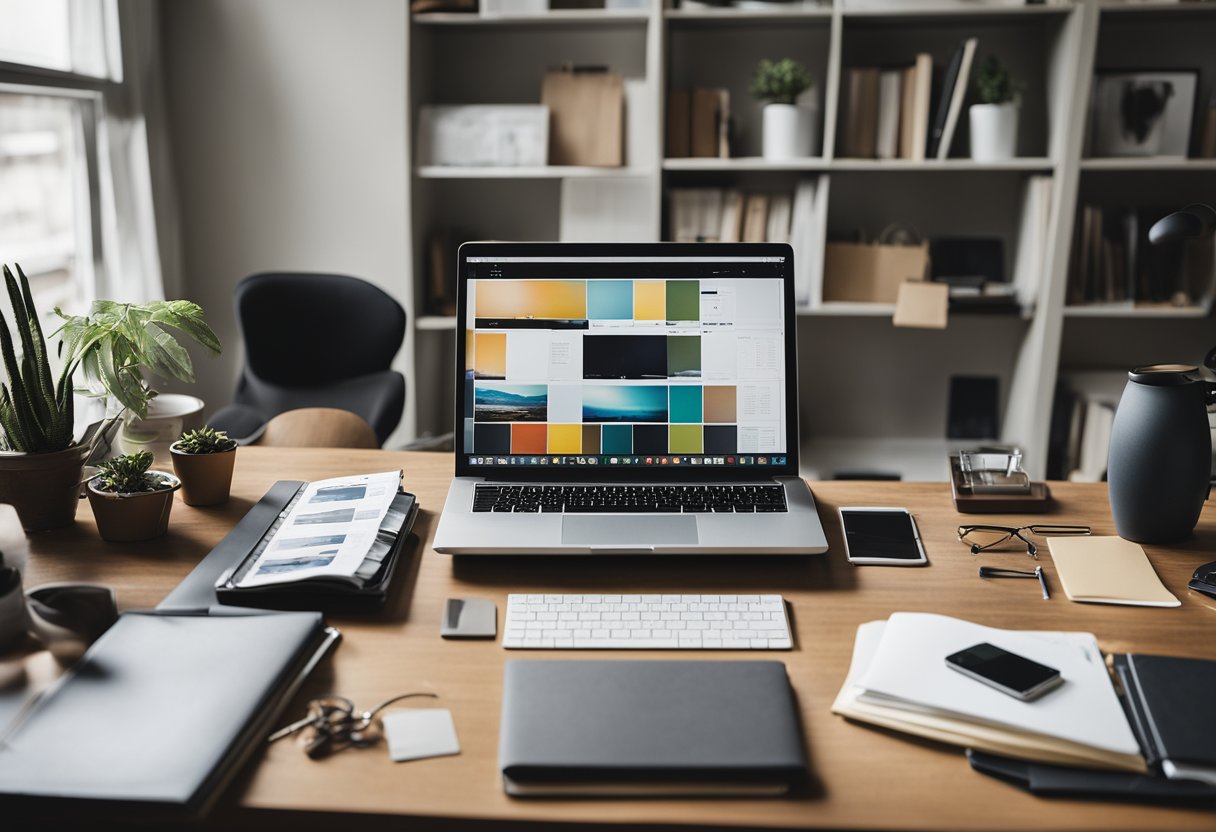 A desk with a laptop, sketchbook, and design tools. A mood board with color swatches and inspiration images. Clean, organized space with natural light