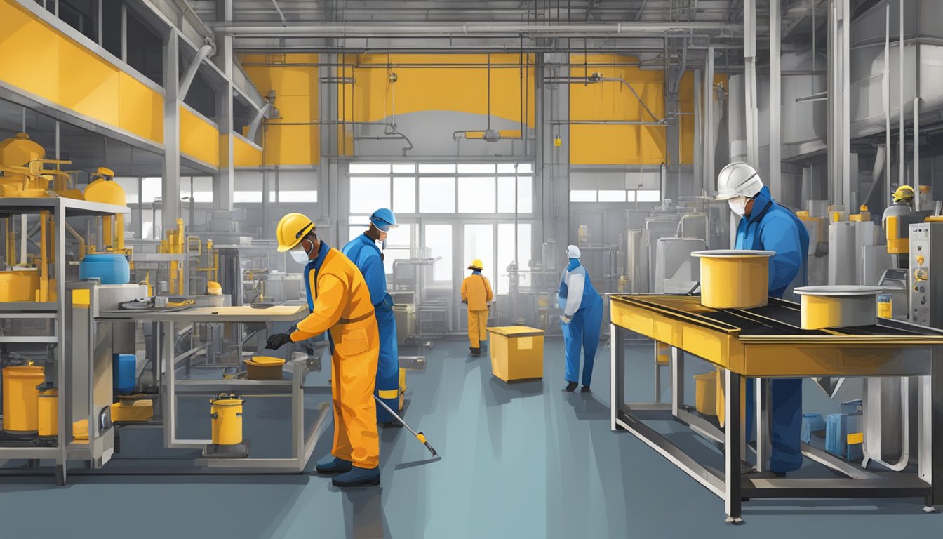 Workers in various industries are exposed to lead paint hazards. Illustrate a factory setting with protective gear and warning signs