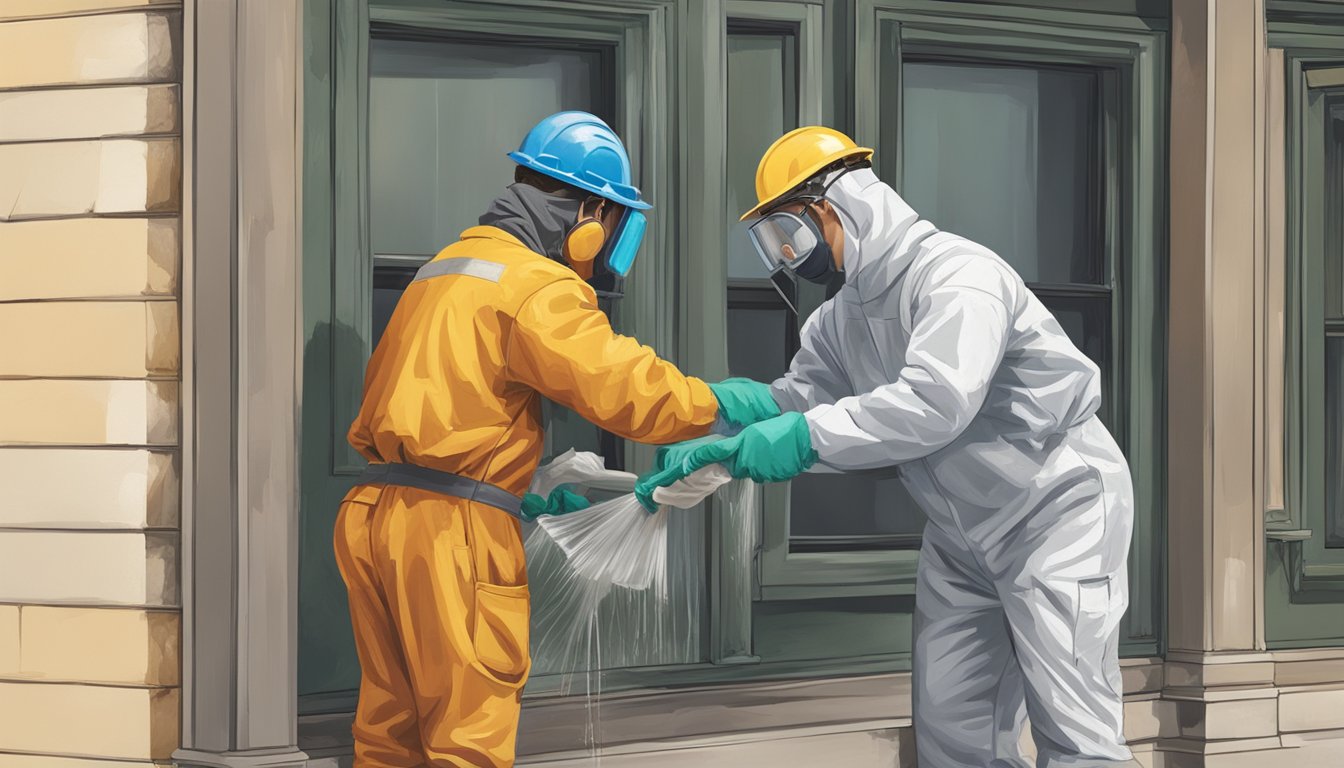 A worker in protective gear removing lead paint from a building surface, while a supervisor oversees the process to ensure compliance with environmental policies