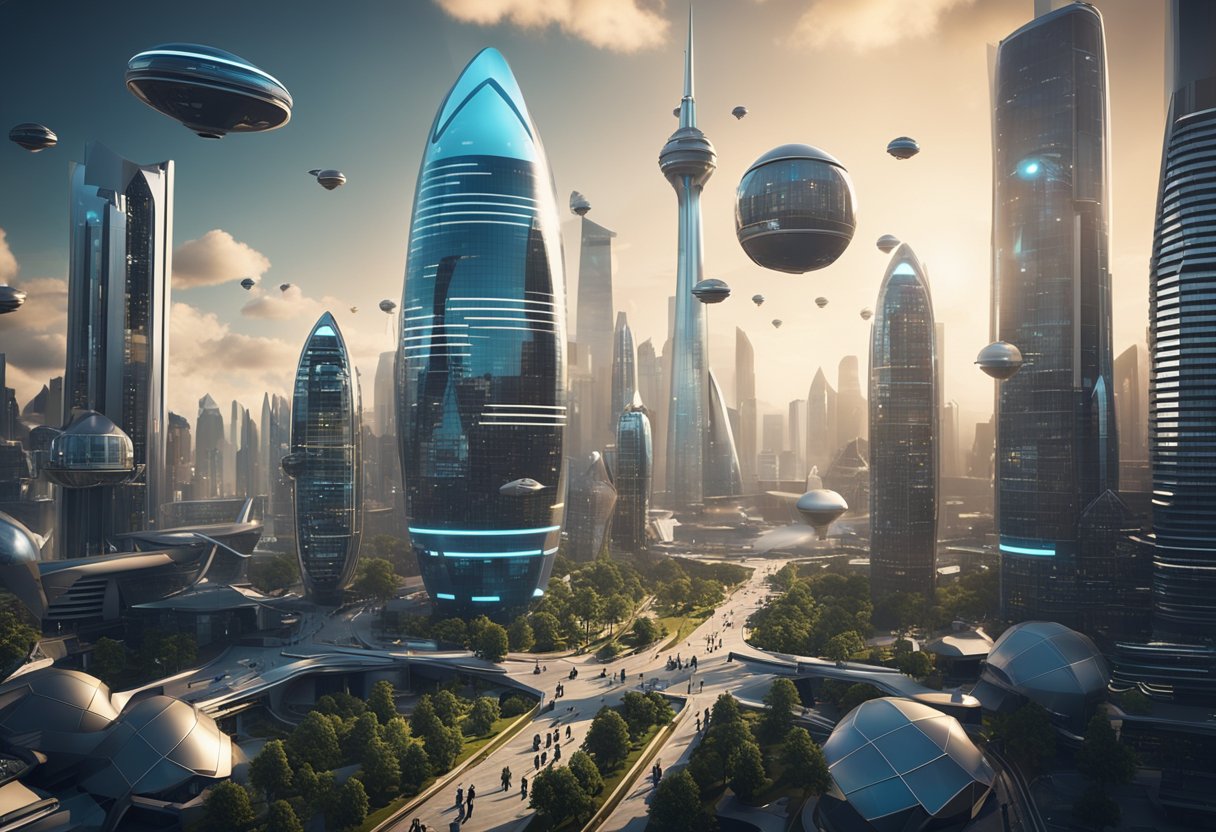 A 3D animated scene with Blender, featuring a futuristic cityscape with towering skyscrapers, flying vehicles, and advanced technology