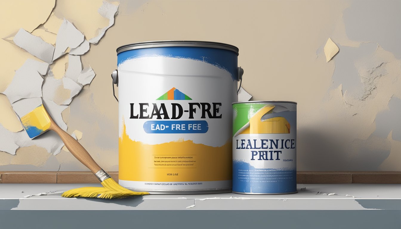 A paint can labeled "lead-free" sits next to a peeling wall with chipping paint, emphasizing the importance of understanding lead paint hazards