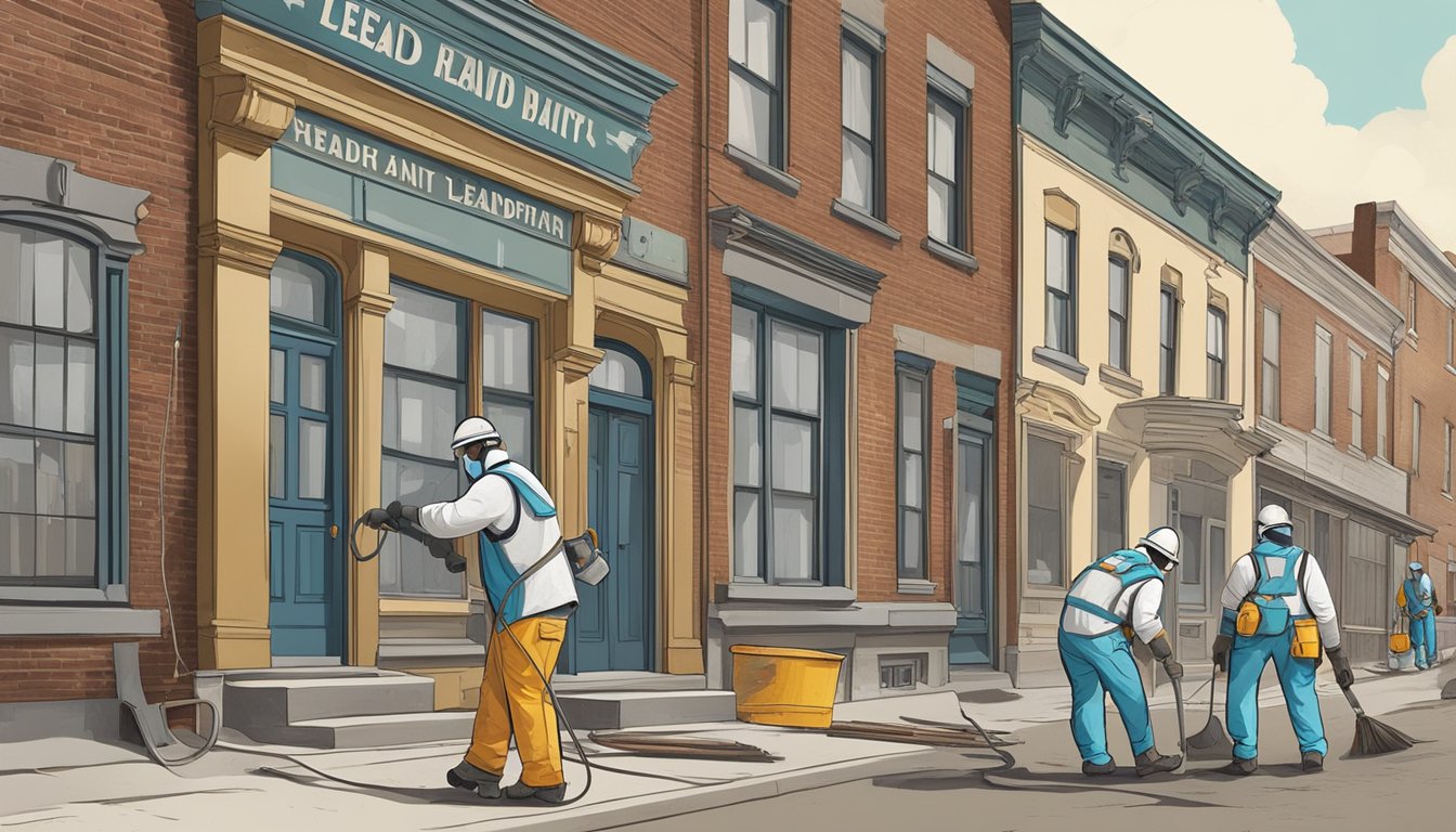 A group of workers removing lead paint from old buildings using protective gear and specialized equipment. Signs and posters debunking lead paint myths are displayed nearby