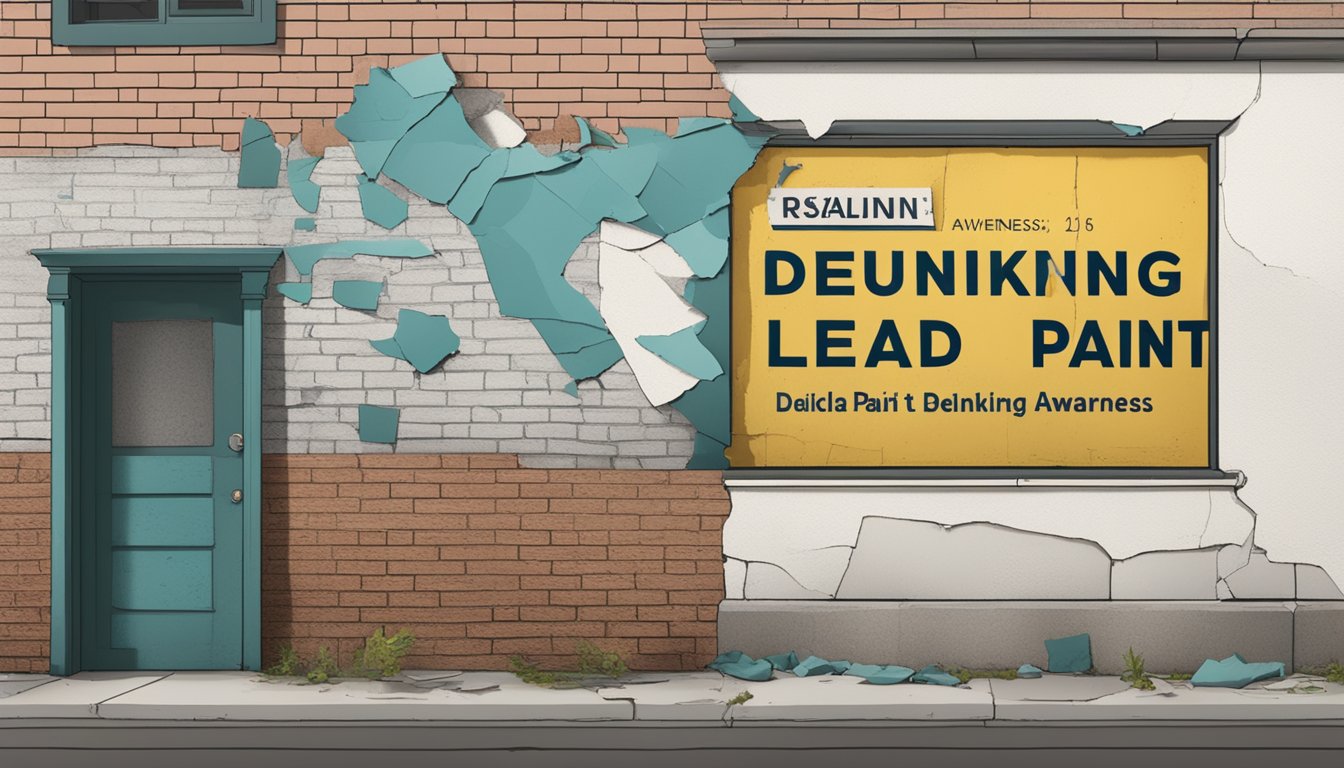 A broken wall with peeling paint, revealing layers of lead paint underneath. A sign nearby reads "Lead Paint Awareness: Debunking Myths."