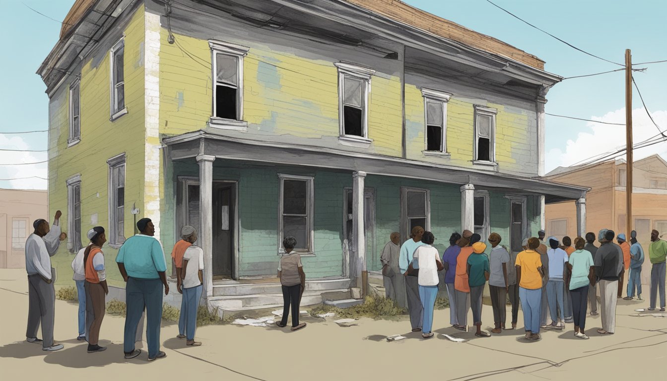 A diverse community gathers around a dilapidated building with peeling lead paint. Government officials and community leaders work together to address the disparities in exposure and treatment