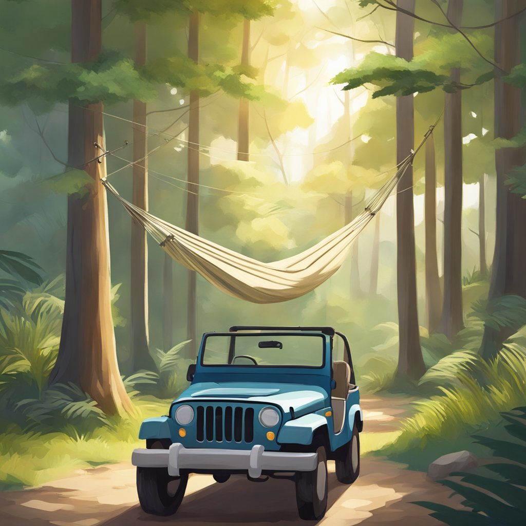 A hammock is strung up inside a jeep, swaying gently in the breeze. The jeep is parked in a serene, wooded area, with sunlight filtering through the trees