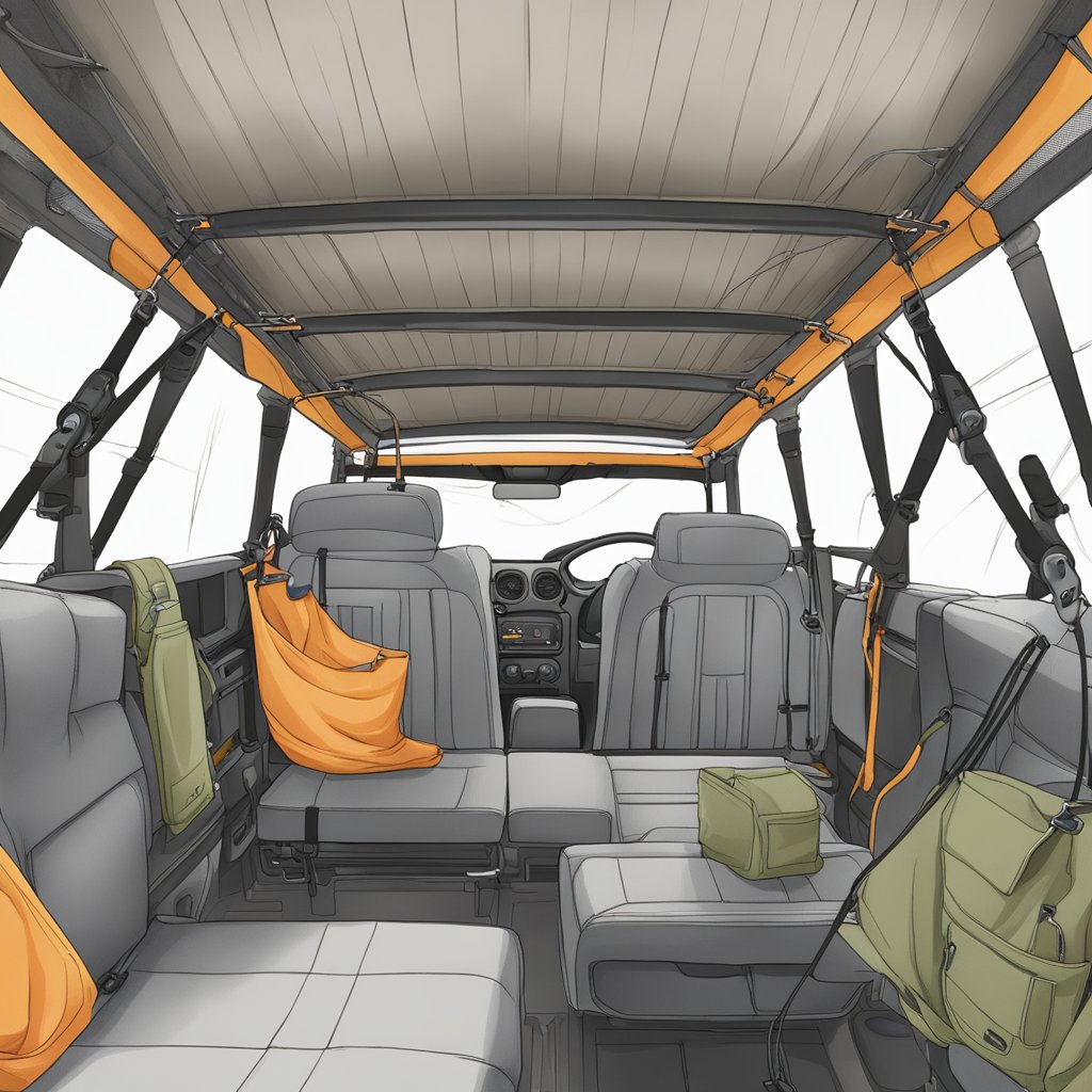A hammock is being installed in a jeep, with straps being secured to the roll bars and hooks attached to the ceiling