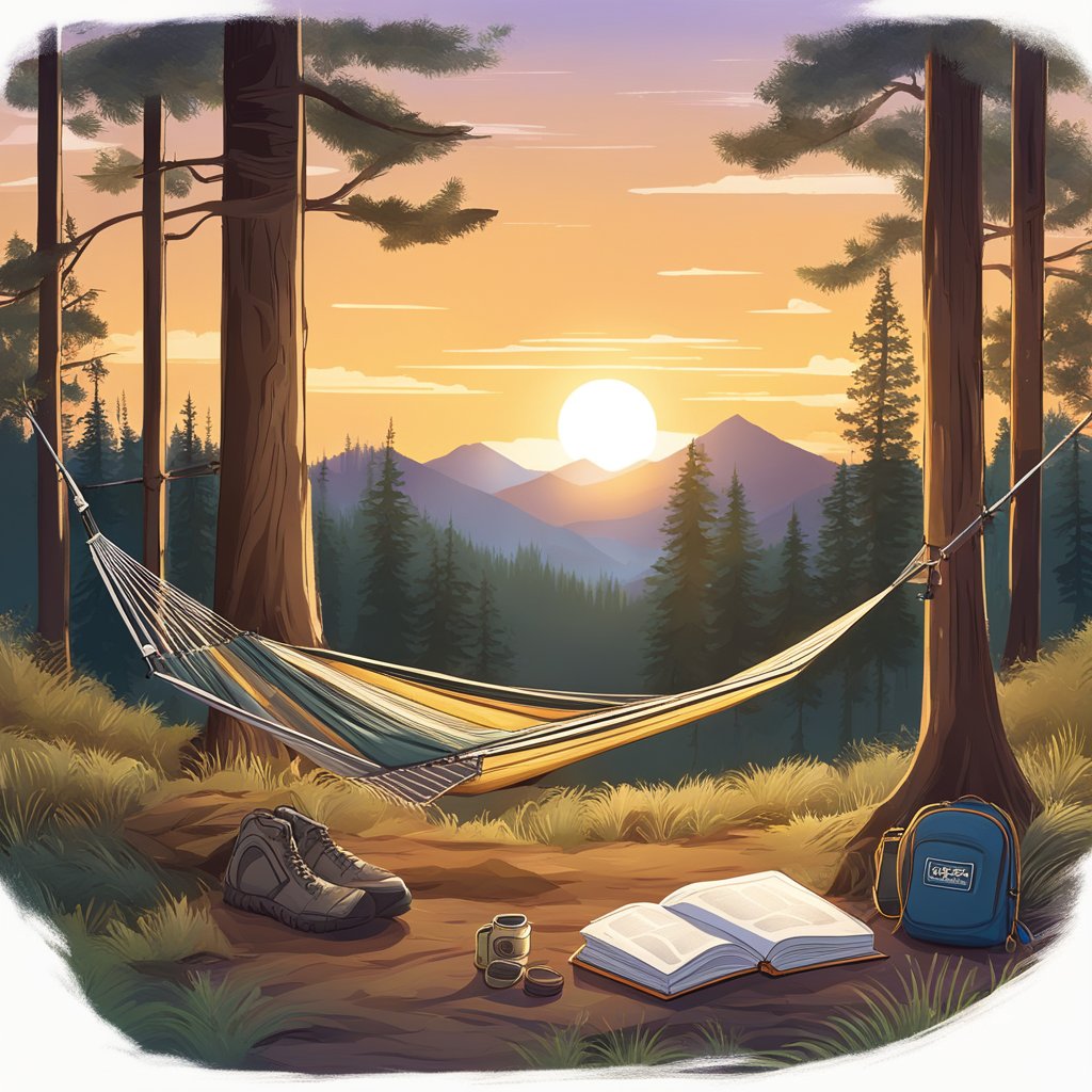 A hammock hangs between two trees, with a gear guide book and camping equipment scattered around. The sun sets in the background, casting a warm glow over the scene