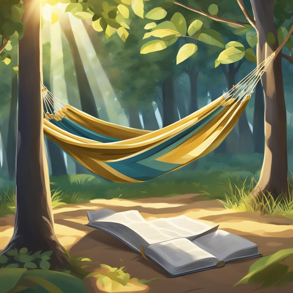 A hammock hangs between two trees, with a gear guide book resting on the ground nearby. The sun shines through the leaves, creating dappled patterns on the hammock fabric