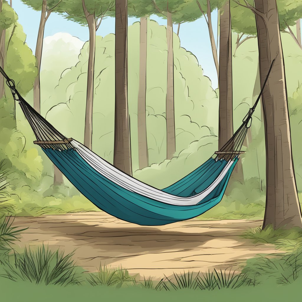 A hammock is being set up between two trees, with hammock gear guide instructions nearby