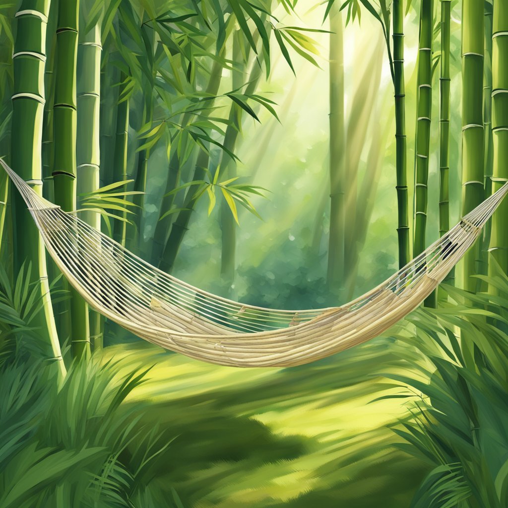 A bamboo hammock sways gently between two trees, bathed in dappled sunlight filtering through the leaves