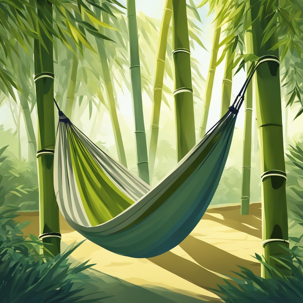A sturdy bamboo hammock hangs between two trees, swaying gently in the breeze. The sun filters through the leaves, casting dappled shadows on the ground below