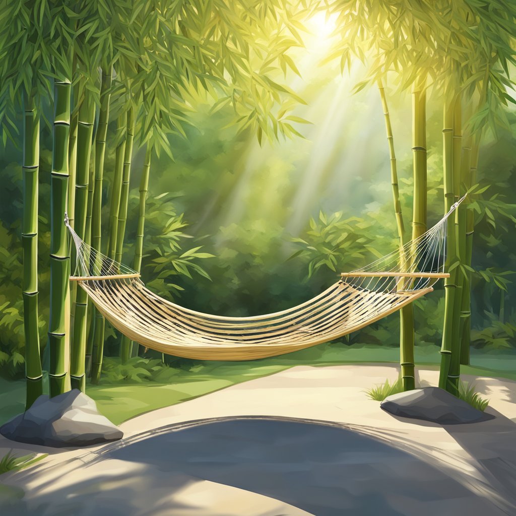 A cozy bamboo hammock hanging between two trees in a tranquil garden, with dappled sunlight filtering through the leaves