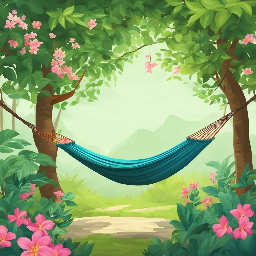 A colorful Vietnamese hammock sways between two trees, surrounded by lush green foliage and blooming flowers